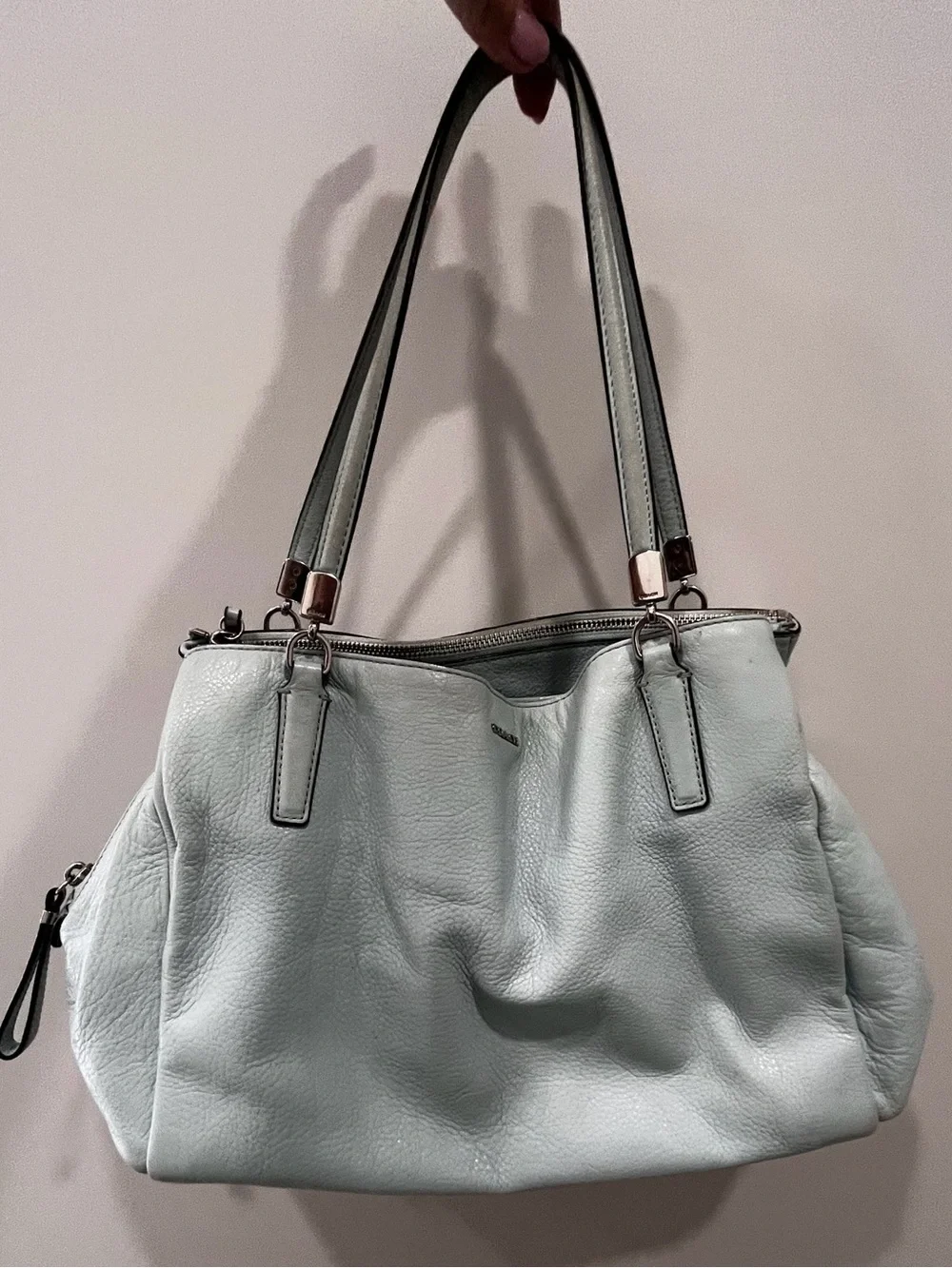 Coach Pebbled Leather Light Blue Triple Compartment Tote Shoulder Bag